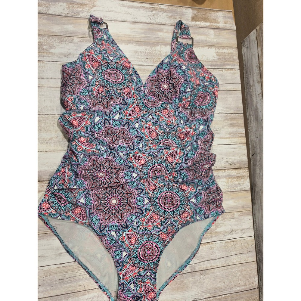 Assets by Sara Blakely Spanx Mandala Print One Piece Swimsuit XL Blue Pink 1553
